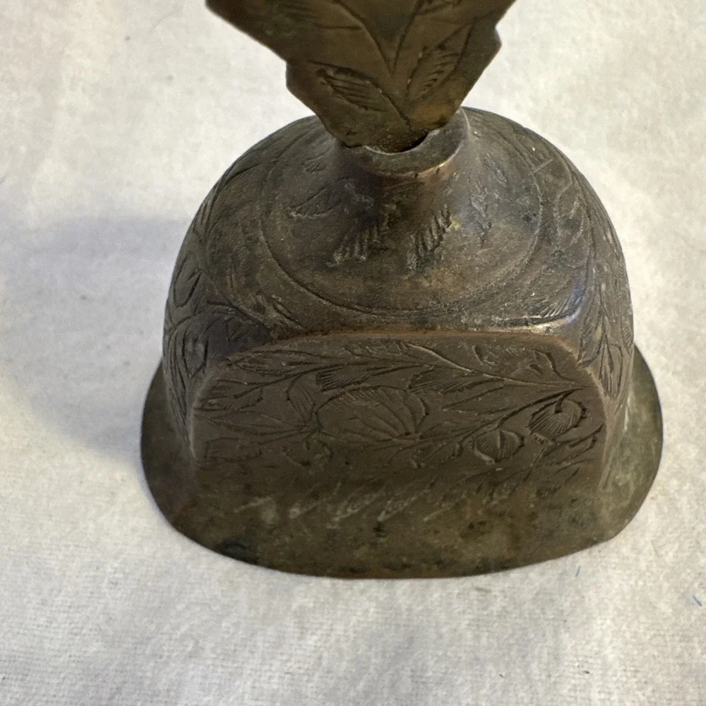 VTG Etched Brass Hand Bell - India - Floral Leaf Design - Boho Decor - 4